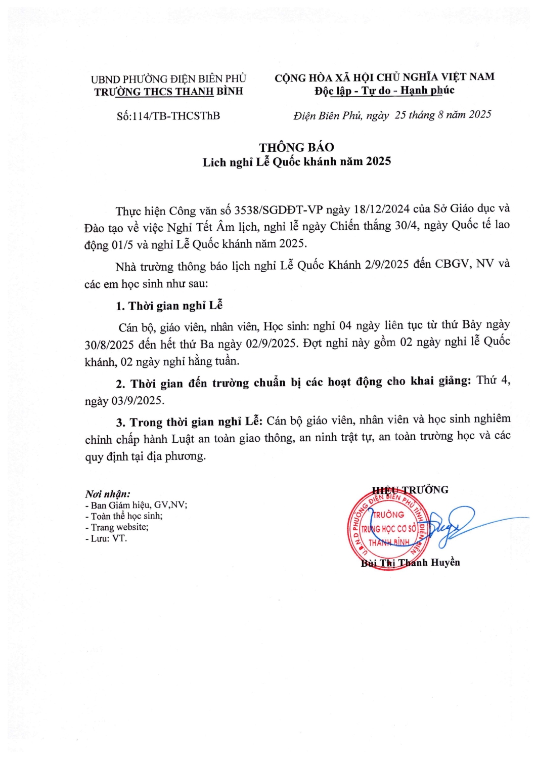 Thông báo lịch nghỉ Lễ 2 9 2025